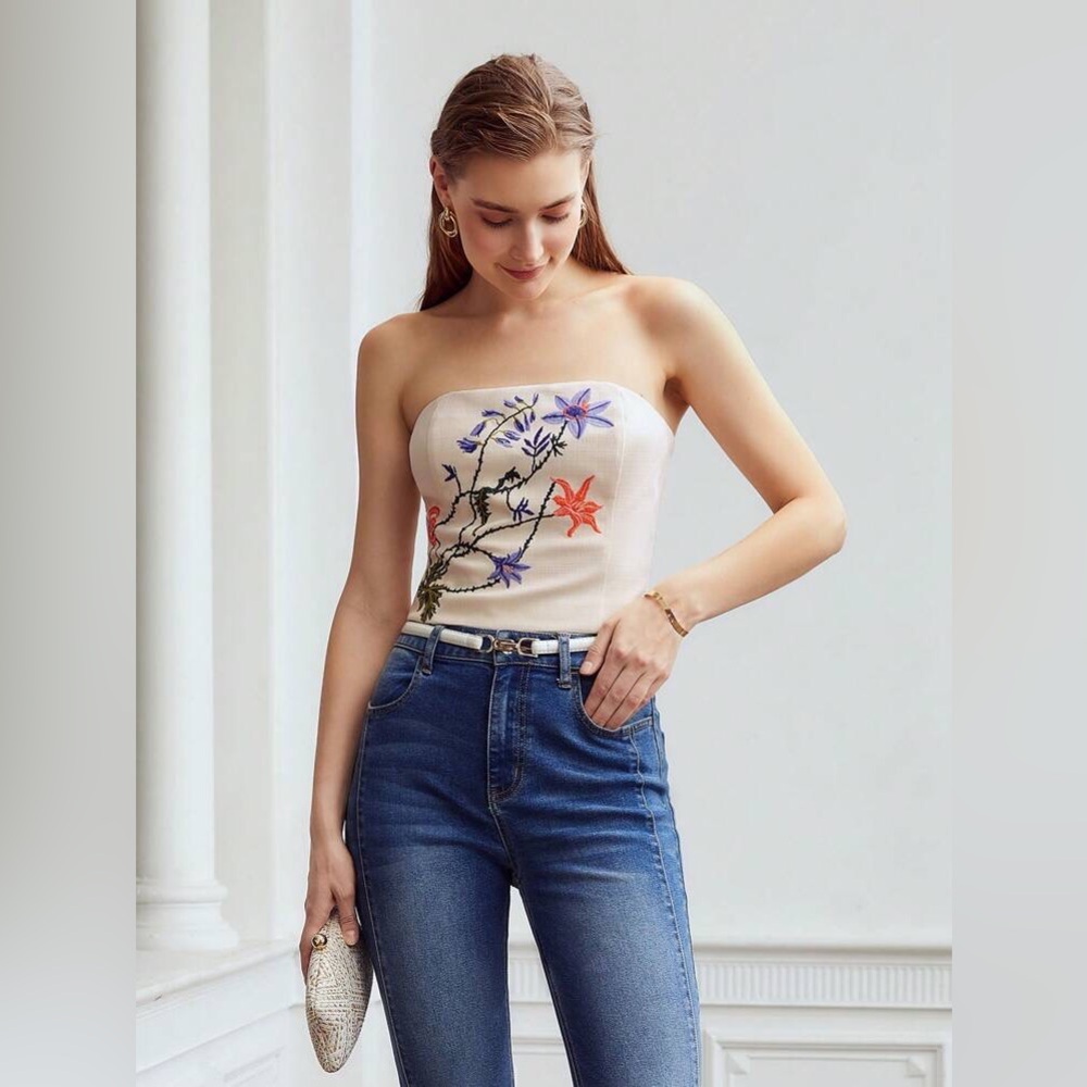 Motf floral embroidered corset crop top